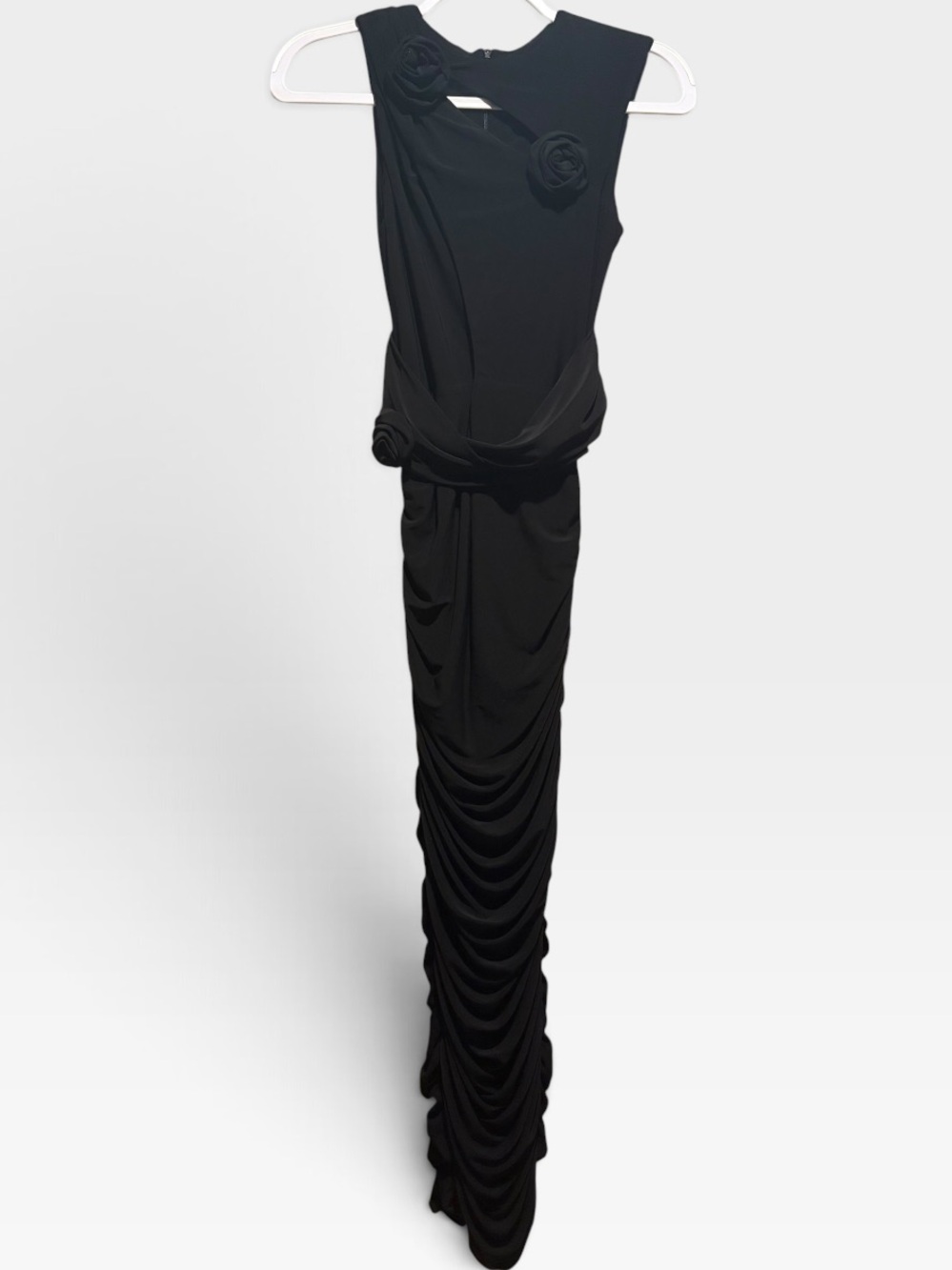 Club L London Gabriella Black Ruched Keyhole Rosette Maxi Dress -Sz 2